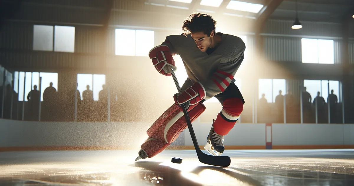 An image portraying a high-resolution scene of a person deeply engrossed in the sport of ice hockey