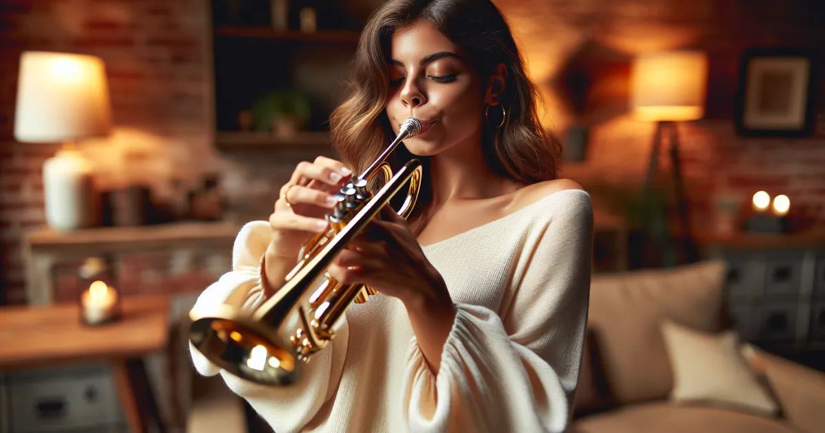 A Hispanic female musician passionately playing the trumpet in a cozy environment with warm inviting tones