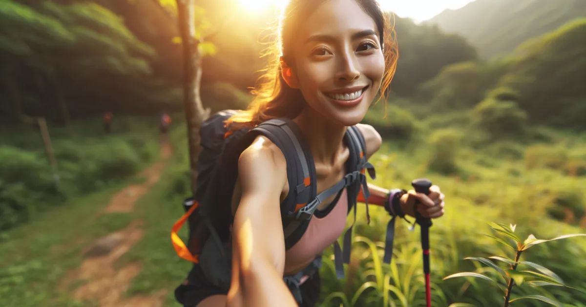 Generate an image in a professional style of an Asian woman actively enjoying Rogaining, an outdoor navigation sport