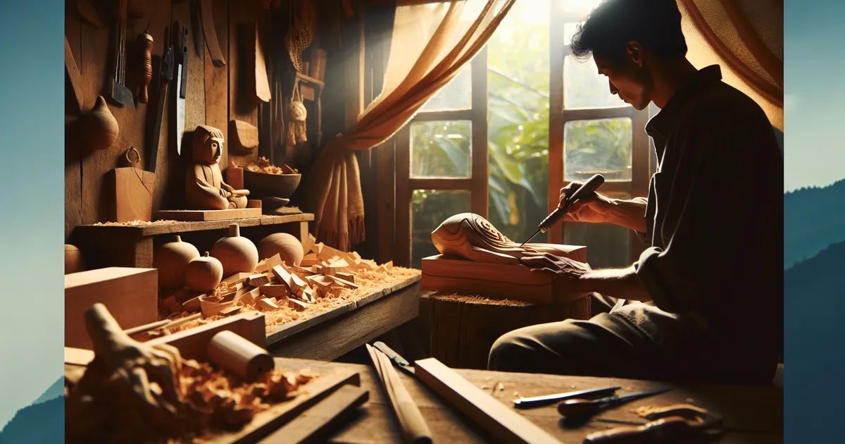 Create a realistic, high-resolution image showcasing a person immersed in the craft of wood carving