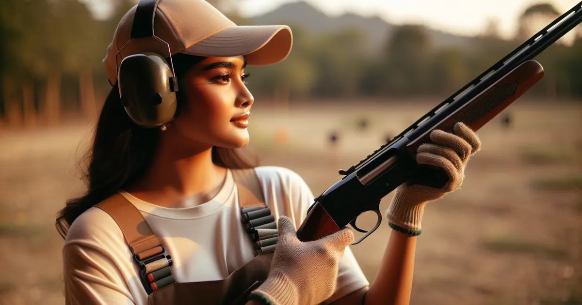 A South Asian female is actively enjoying the sport of Sporting Clays