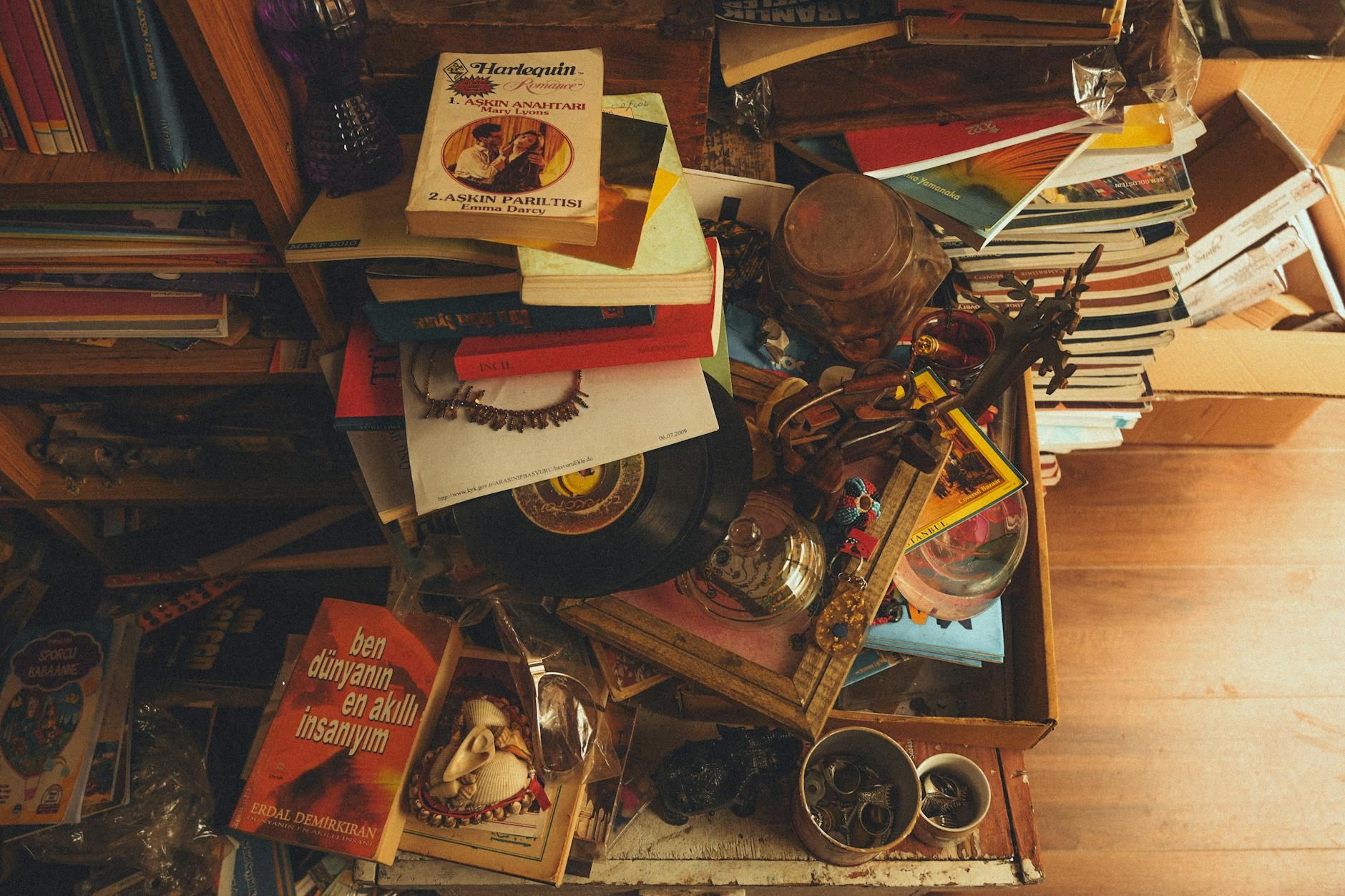 A wooden shelf displays an eclectic collection of vintage books, vinyl records, and charming retro items.
