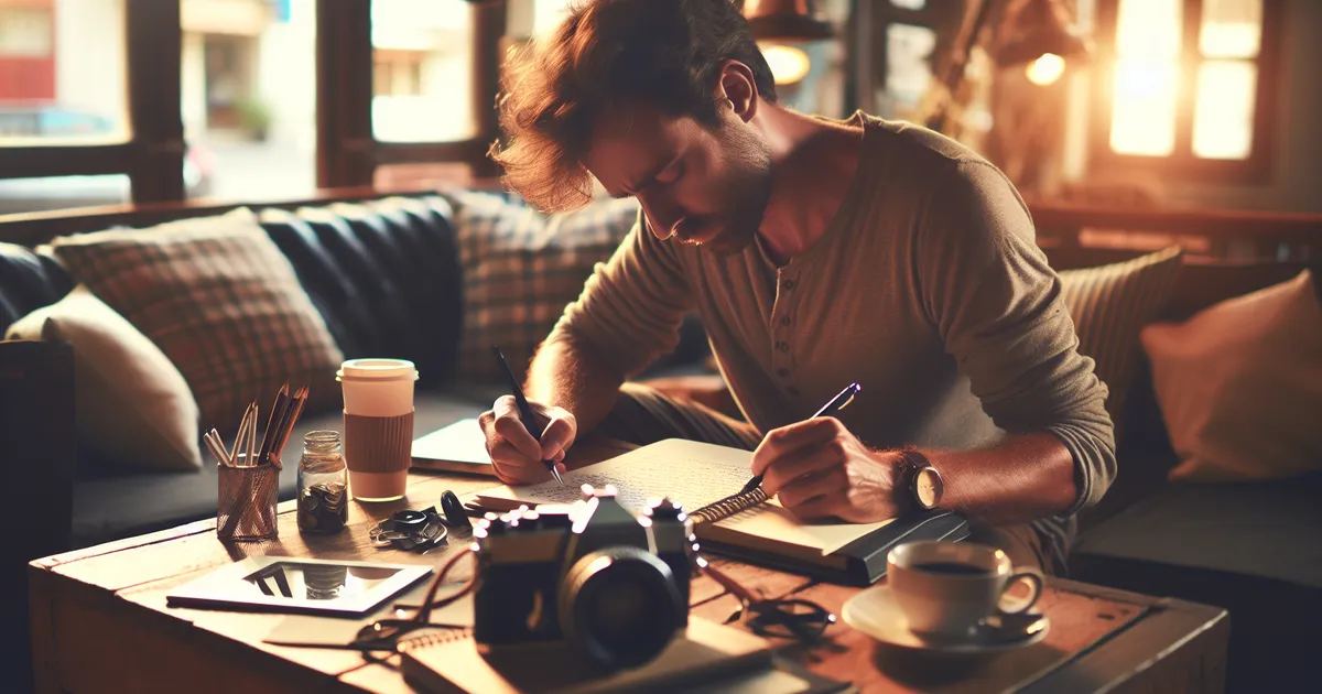 Craft an image displaying a person wholly immersed in the art of short story writing