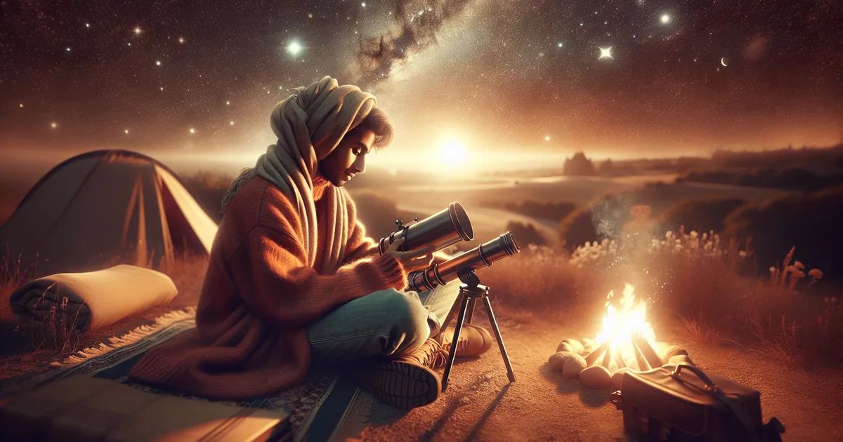 Imagine a photograph capturing an individual engrossed in amateur astronomy