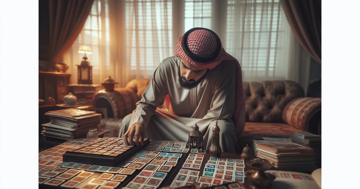 Visualize a Middle-Eastern male deeply immersed in thematic stamp collecting in a home atmosphere