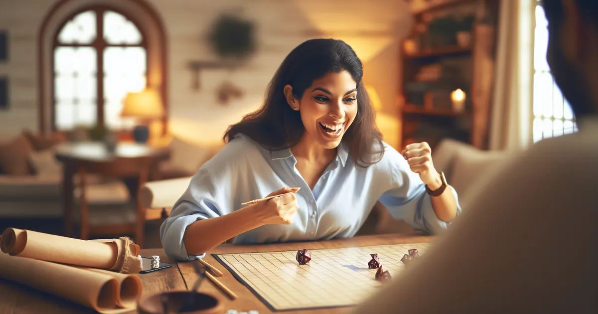 A photograph depicting a scene of a person engaging in a tabletop role-playing game in a homely setting
