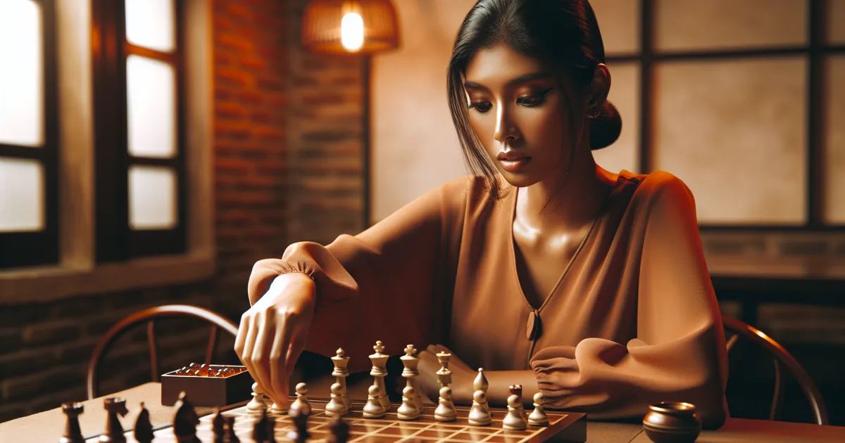 Depict a South Asian woman in the action of playing Xiangqi, a Chinese chess game