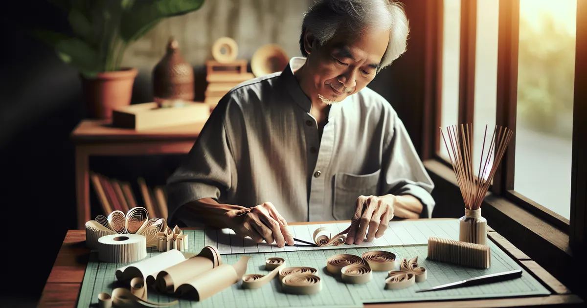 An Asian man engaging in the art of paper quilling, a technique involving the rolling and pinching of strips of paper in