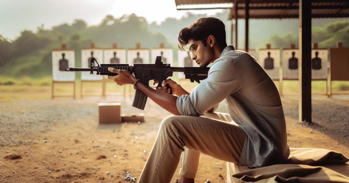 Create an image that shows a South Asian male actively participating in target shooting