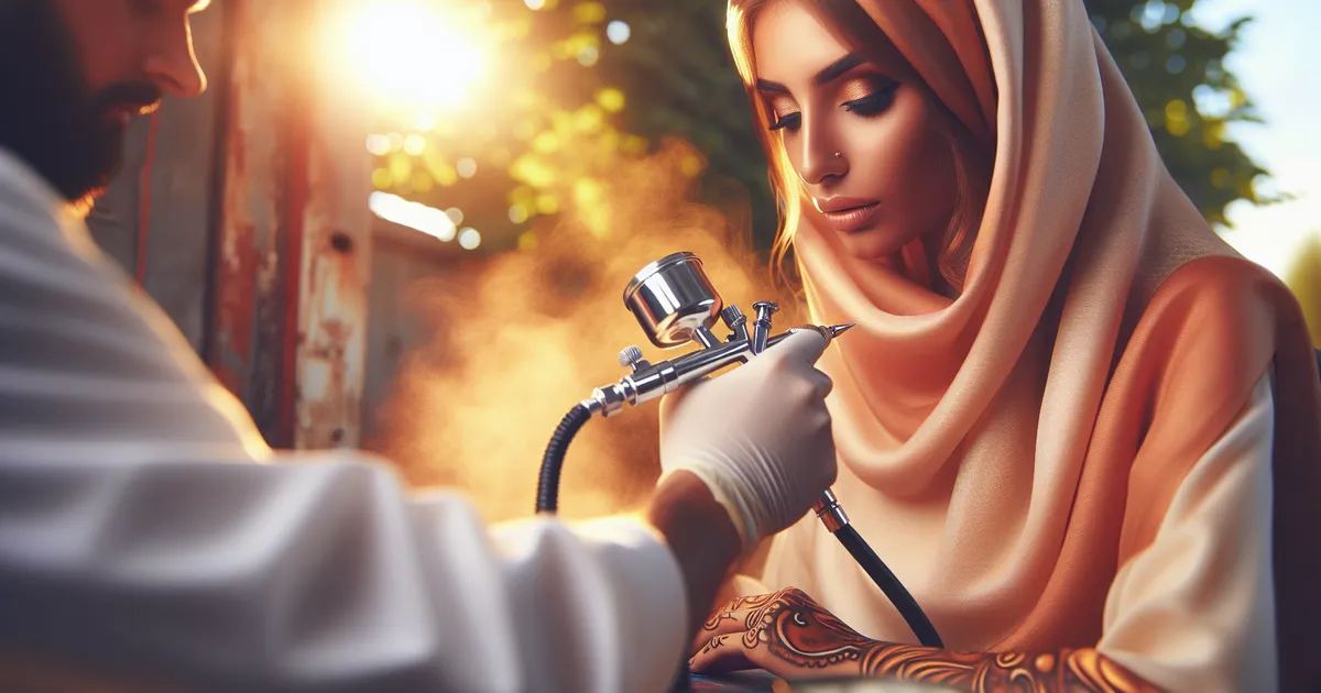 A Middle-Eastern woman doing airbrush painting in a serene environment