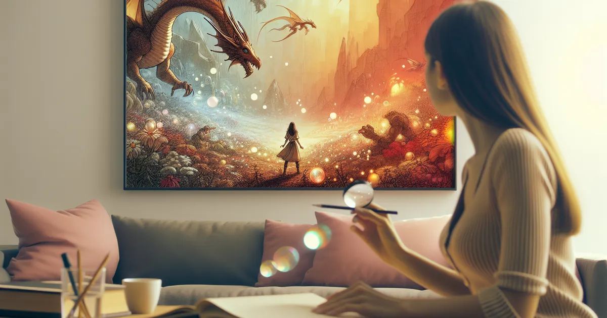 A person admires a vibrant fantasy illustration, exploring themes of imagination in 'Is Fantasy Illustration for you?'.