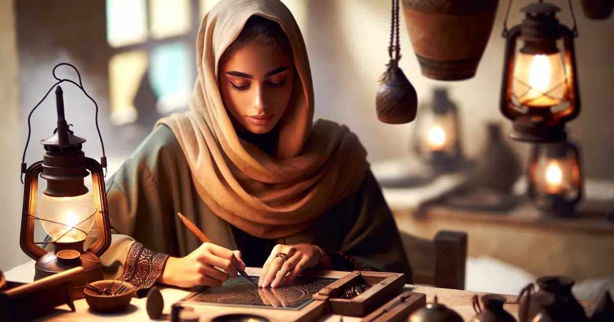 A Middle-Eastern woman is deeply engrossed in the art of glass etching