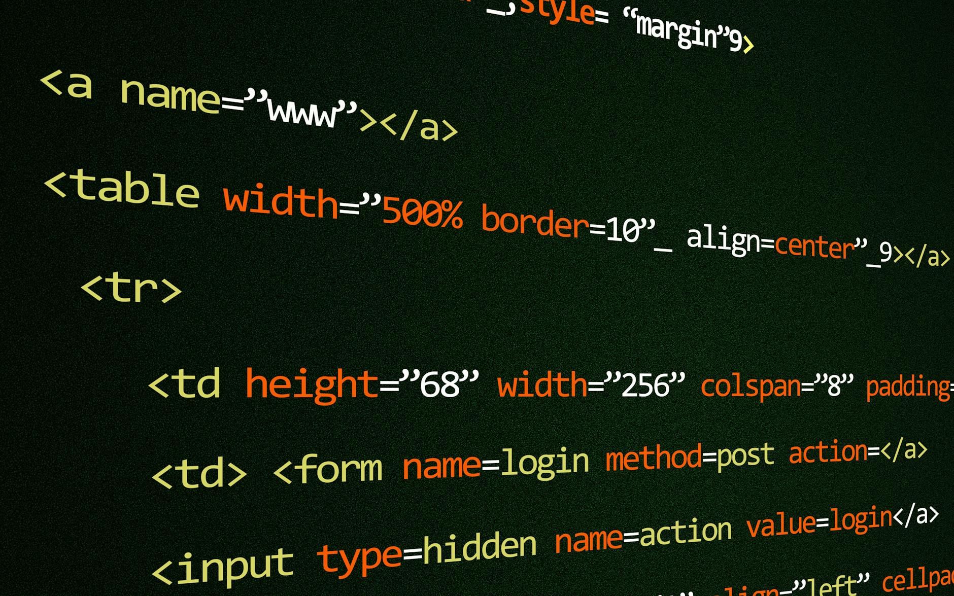 Intricate lines of HTML code displayed on a screen, showcasing essential web development concepts and techniques.