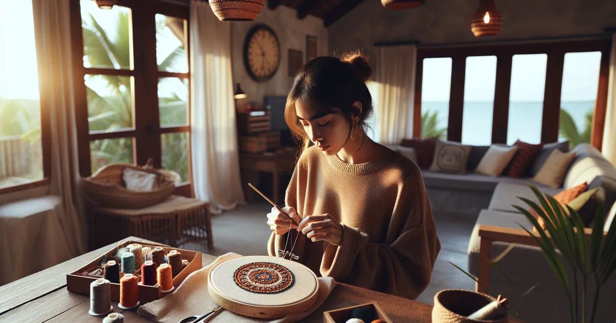 A person engaged in punch needle embroidery, exploring if it's the right hobby for them.