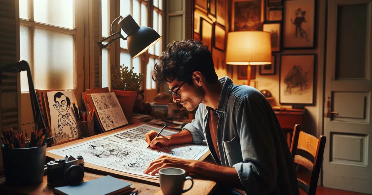 A person drawing cartoons in a cozy studio, exploring 'Is Cartoon Drawing for you? Let's find out!'