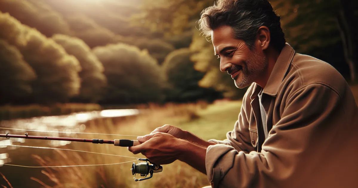 Capture a realistic image of a middle-aged Hispanic man deeply immersed in the art of Tenkara Fishing, displaying immens
