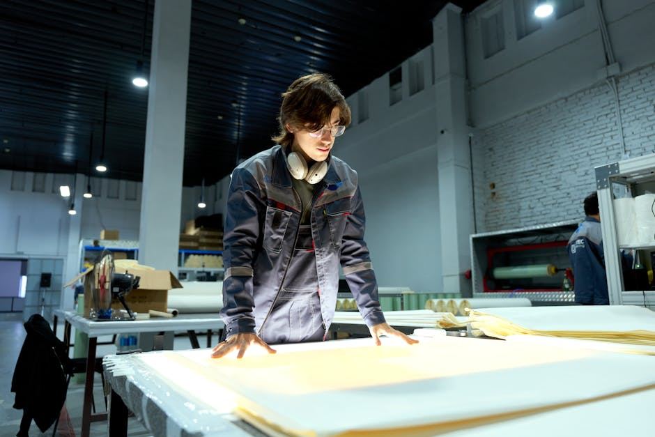A young person in a workshop examining paper sheets, illustrating the hands-on nature of paper engineering.