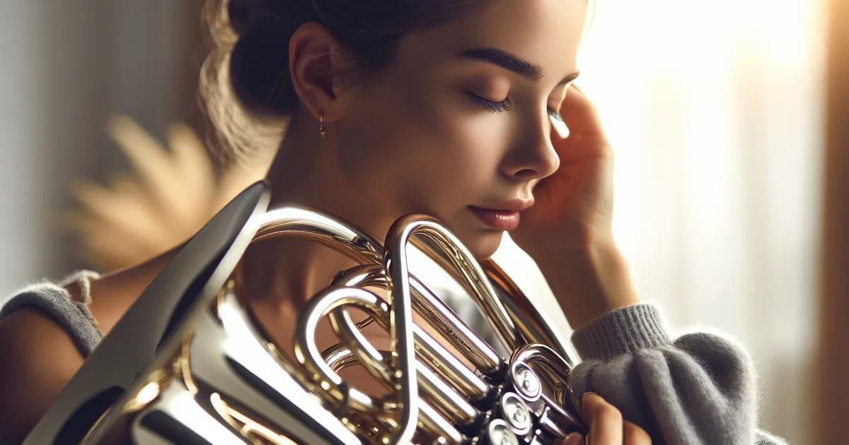 A Caucasian female figure, immersed in playing the French Horn with evident enjoyment