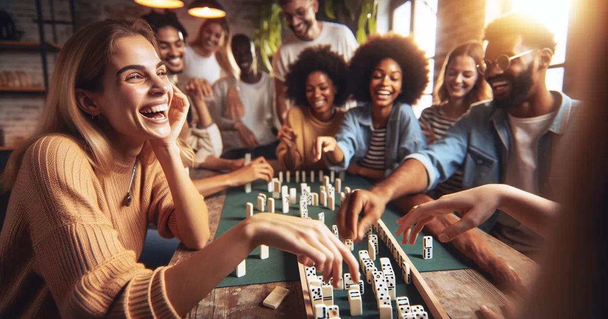 A diverse group of friends enjoying a lively game of dominoes. Is Dominoes for you? Let's find out!