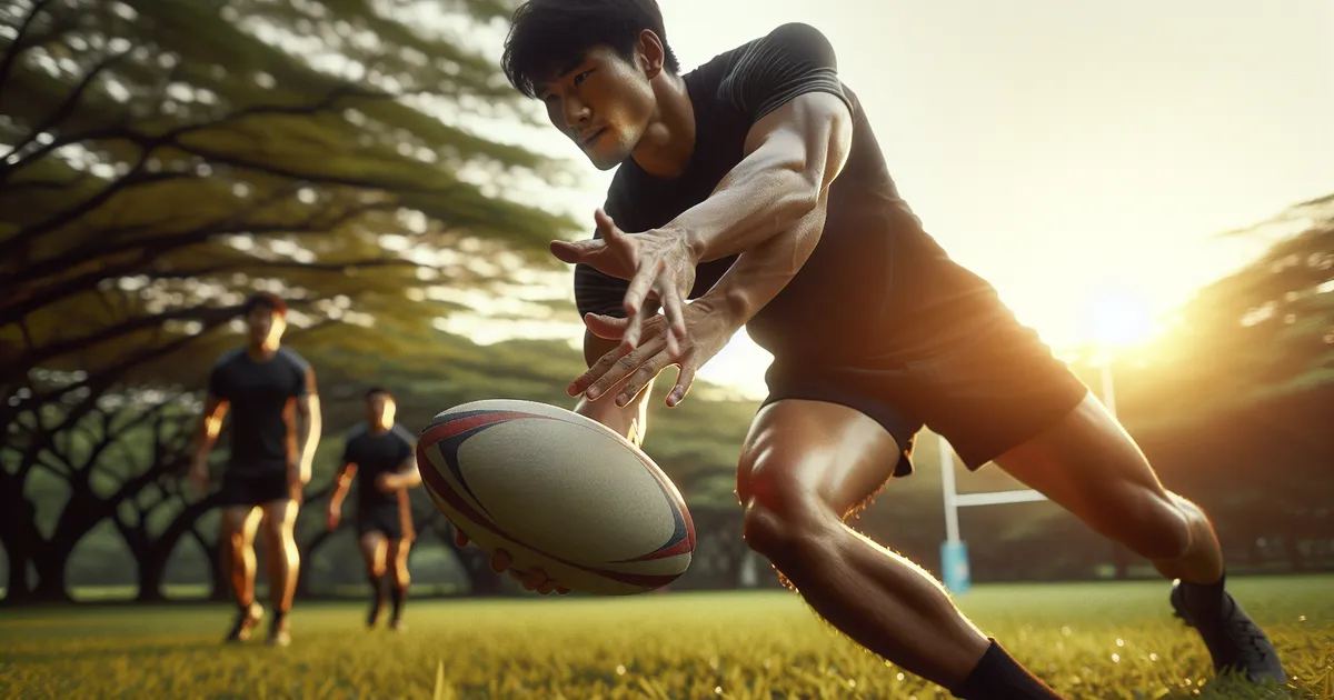 Generate a high-resolution, wide landscape (3:2 ratio) image of a Asian male actively enjoying a game of touch rugby