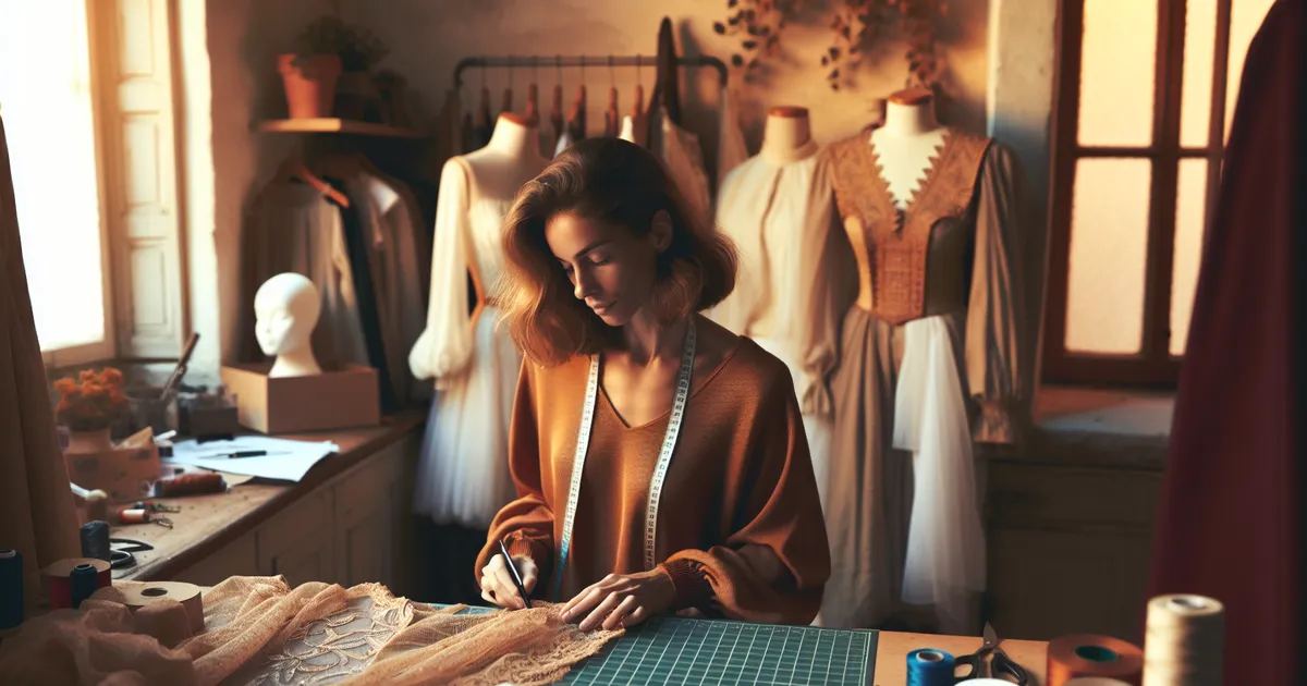 A Caucasian woman is engrossed in designing costumes
