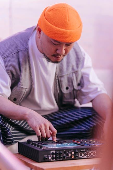 A person wearing an orange beanie is focused on a beat-making device, illustrating the art of music production.