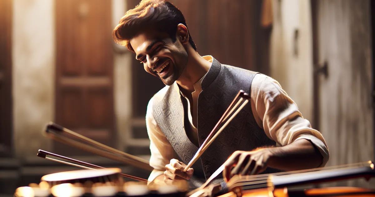 Capture an image portraying a South Asian man actively engrossed in performing an Ensemble, the joy evident on his face