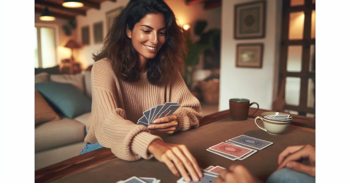 A woman enjoys a card game with friends, embodying the spirit of Living Card Games. Is Living Card Games for you? Let's