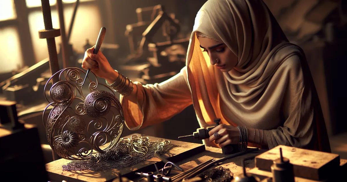 Generate a detailed, high resolution image of a Middle Eastern female deeply immersed in the world of metal sculpture