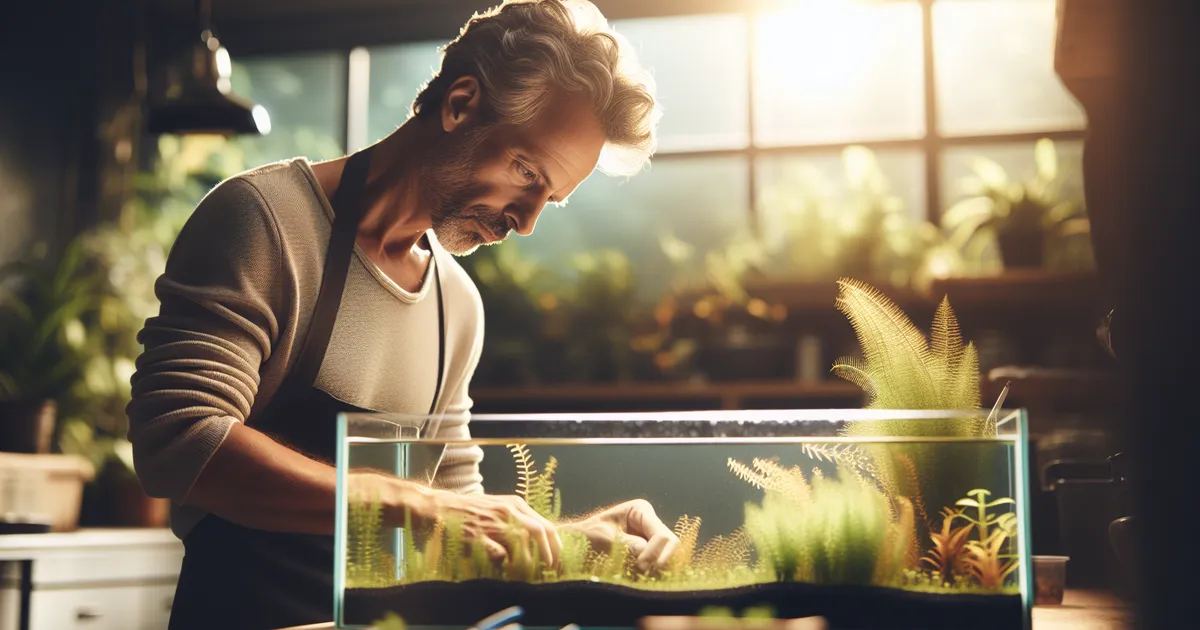 A man carefully arranging plants in an aquarium, exploring if aquascaping is for you. Let's find out!