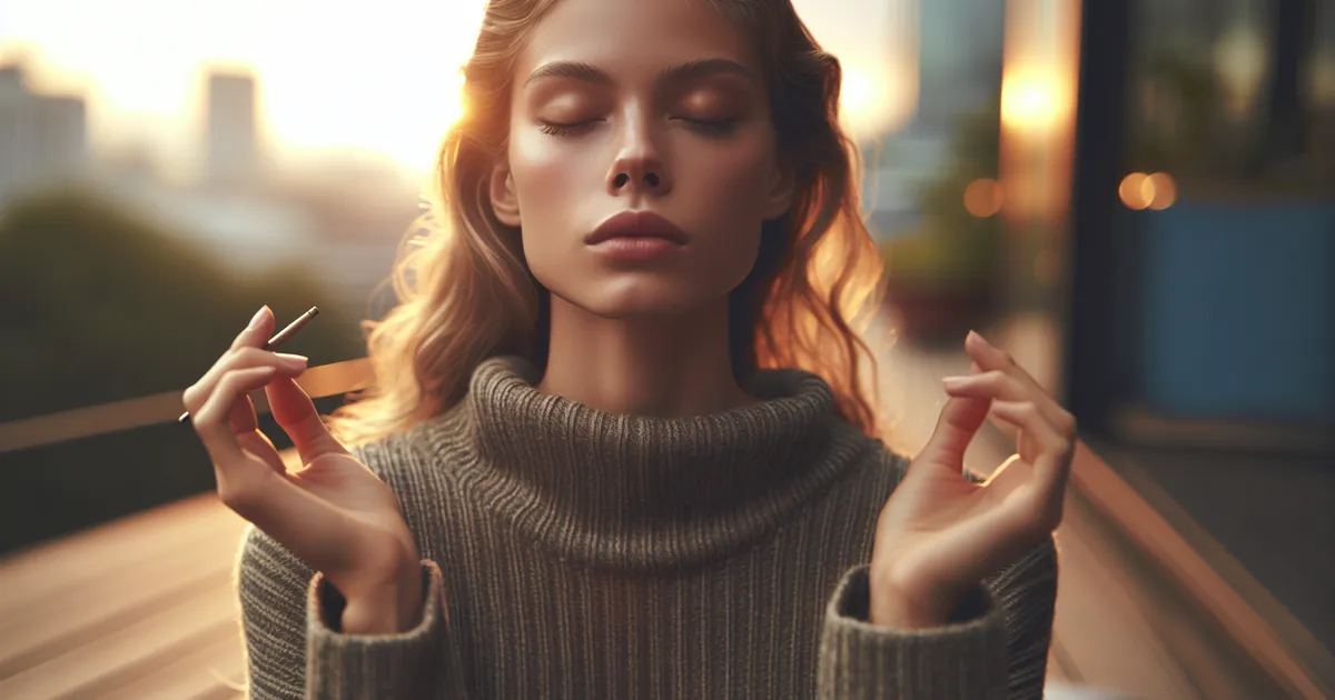 A woman meditating peacefully at sunset, embodying the essence of breath awareness meditation.