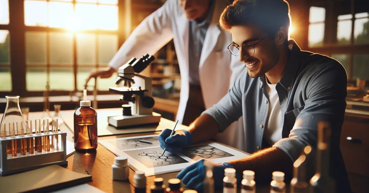 Create an image depicting a Caucasian male engaged in Scientific Illustration