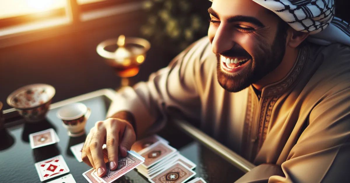 An image showcasing a human of Middle Eastern descent gleefully immersed in playing the card game, Canasta