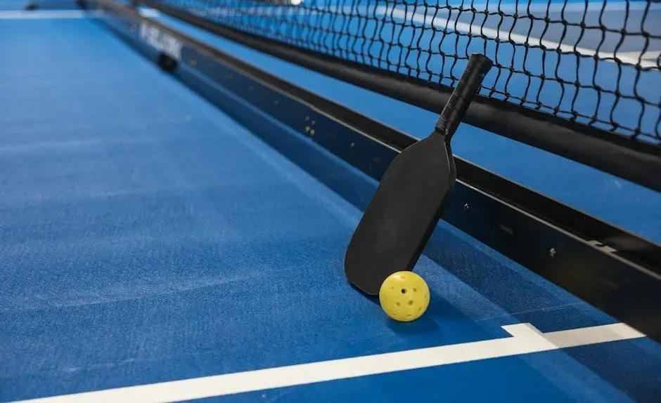 The image shows a close-up of a paddle lying on a table, with a white ball resting on its surface. In the background, a net is visible, indicating a paddle ball or table tennis setup. The surface appears shiny and smooth, reflecting light, with a brick wall partially visible behind the net.