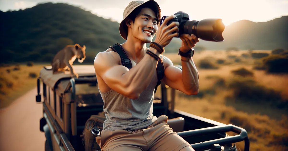 Capture a lifestyle photography of an Asian male actively enjoying a safari adventure