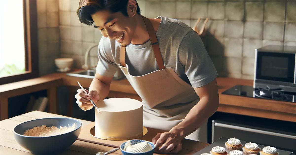 An image capturing an Asian male mid-process of decorating a cake