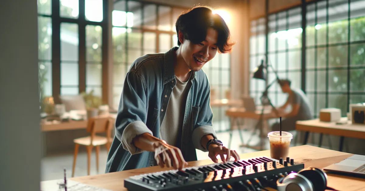 Depict an Asian male actively enjoying the process of AI Music creation