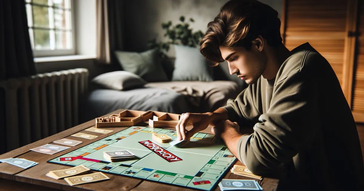 A scene portraying a person deeply engrossed in a game of property trading board game, similar in concept to Monopoly