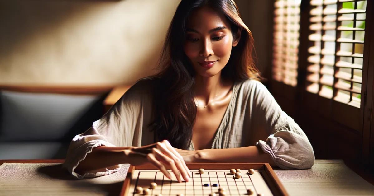 A woman thoughtfully plays a strategy game, reflecting on the question: Is Reversi for you? Let's find out.