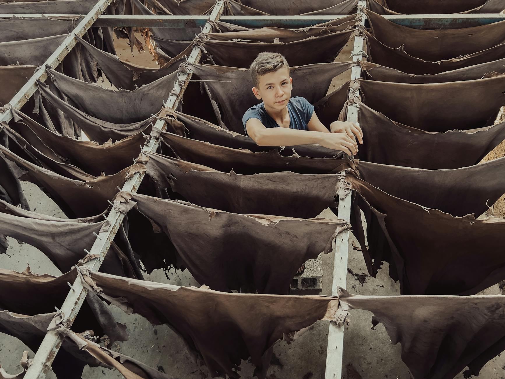 A teenager stands among drying leather racks in a tannery, showcasing traditional leather production.