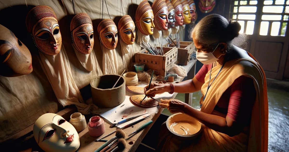 A South Asian woman actively involved in the intricate process of mask making
