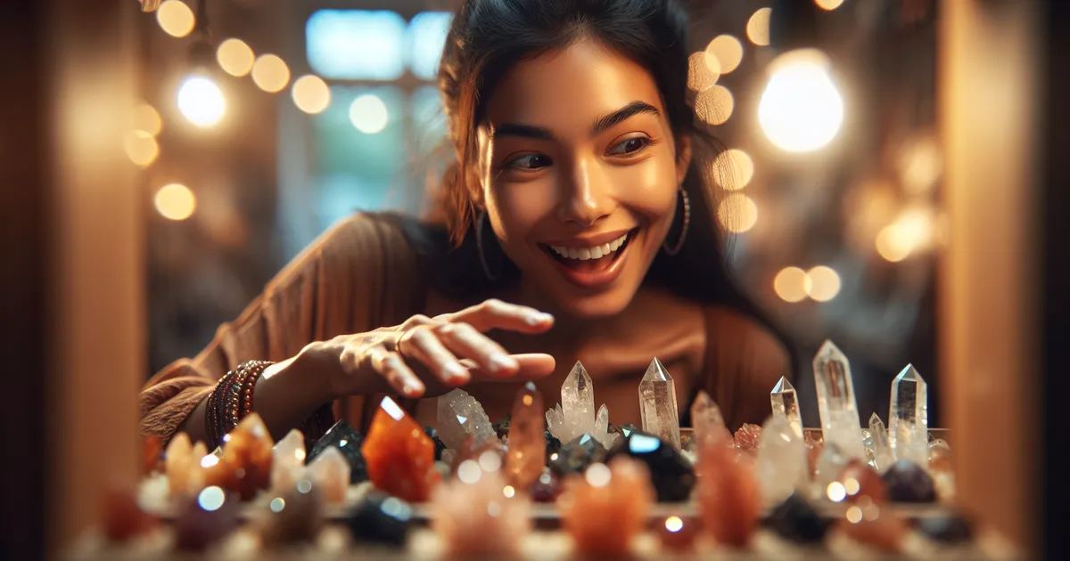 A joyful woman admires a display of crystals, exploring if crystal collecting is for her.