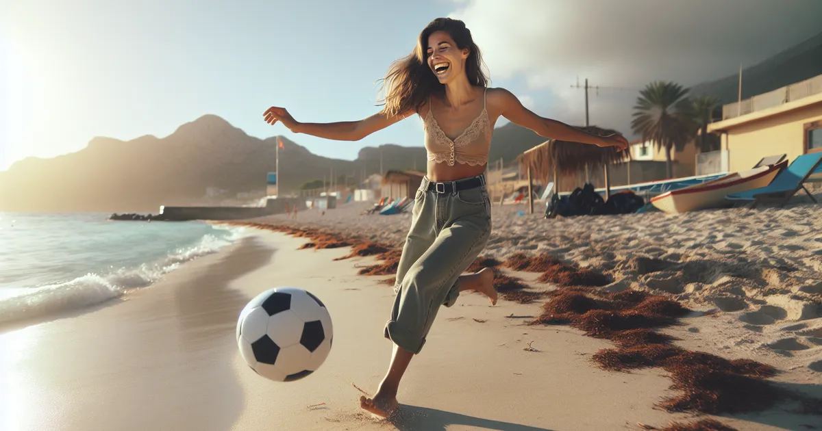 A woman joyfully playing beach soccer, embodying the spirit of 'Is Beach Soccer for you? Let's find out!'