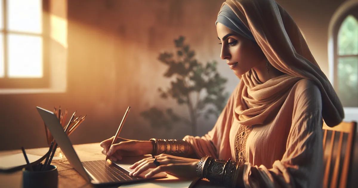 A Middle-Eastern woman actively engaging in the process of writing a visual novel