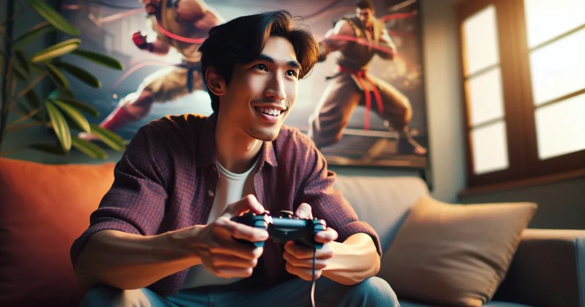 Capture an Asian male enthusiastically engaged in a competitive fighting video game