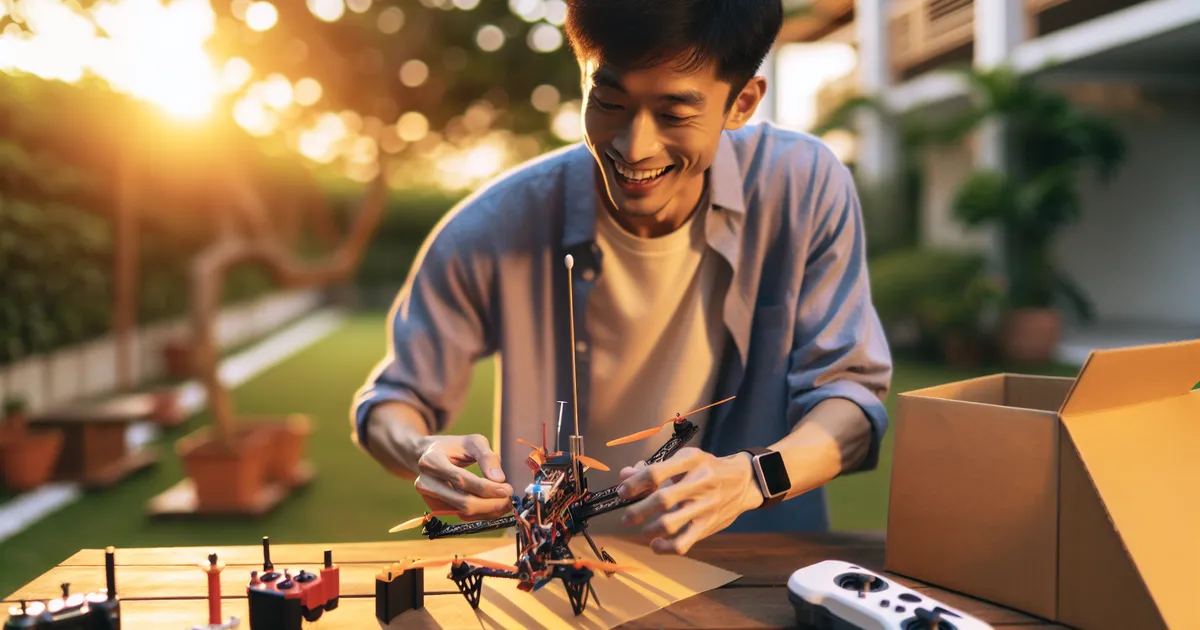 A high-resolution image of an Asian male enthusiastically engaging in drone building activities
