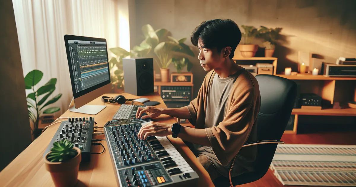 Generate an image showcasing an East Asian male actively engaged in electronic music production