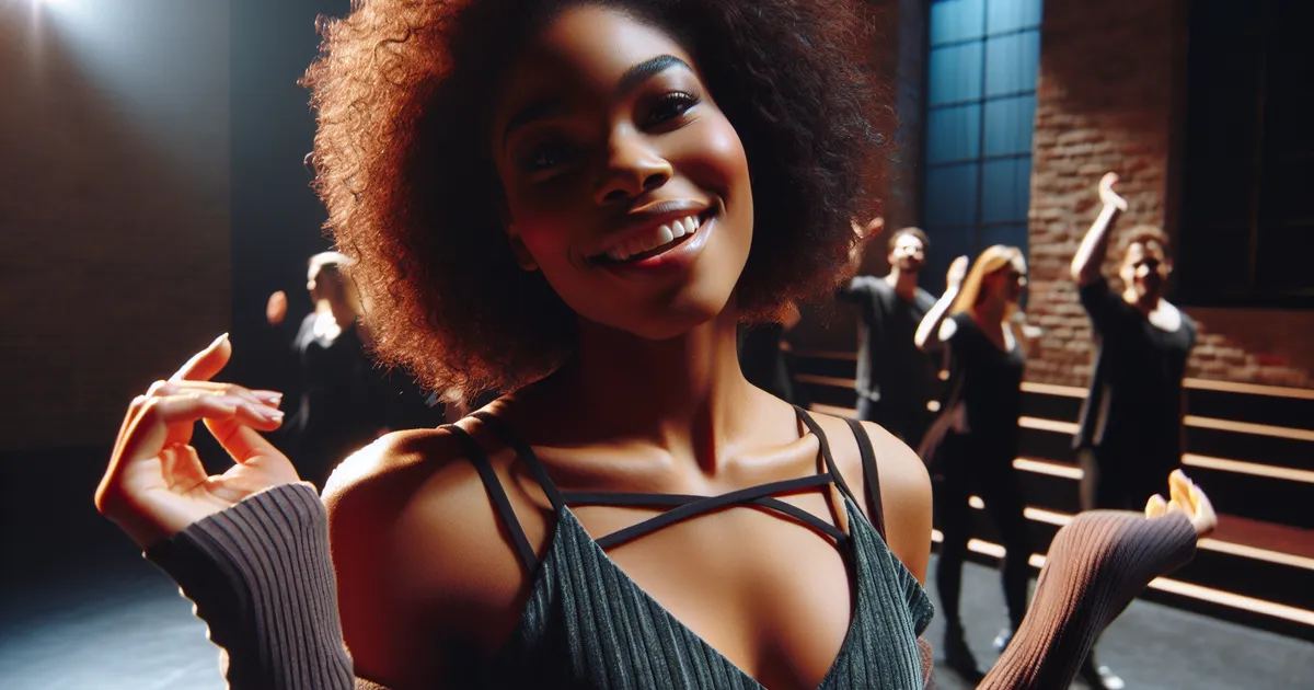 Depict a Black female actively enjoying musical theater