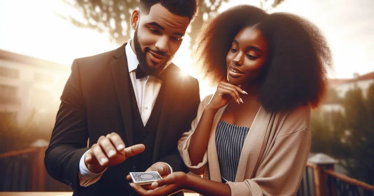 Feature a Black female enthralled by a magic trick performed by a Hispanic male magician