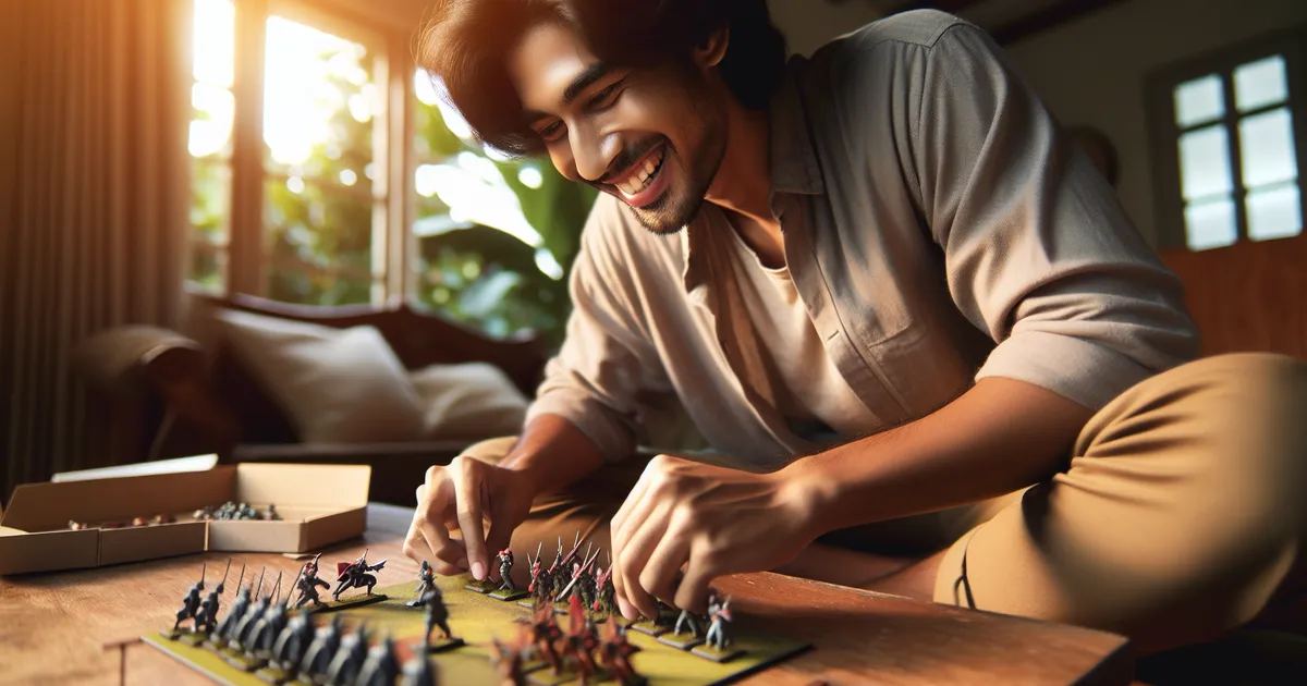 A man joyfully sets up a war board game, embodying the spirit of 'Is War Board Gaming for you? Let's find out!'